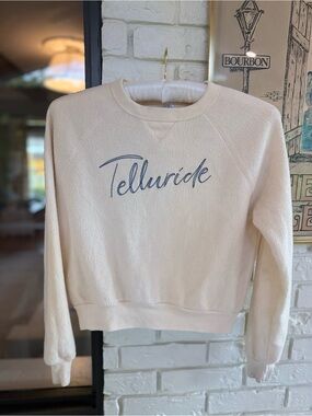 Alternative Cream Crewneck Sweatshirt with Blue 'Telluride' Script